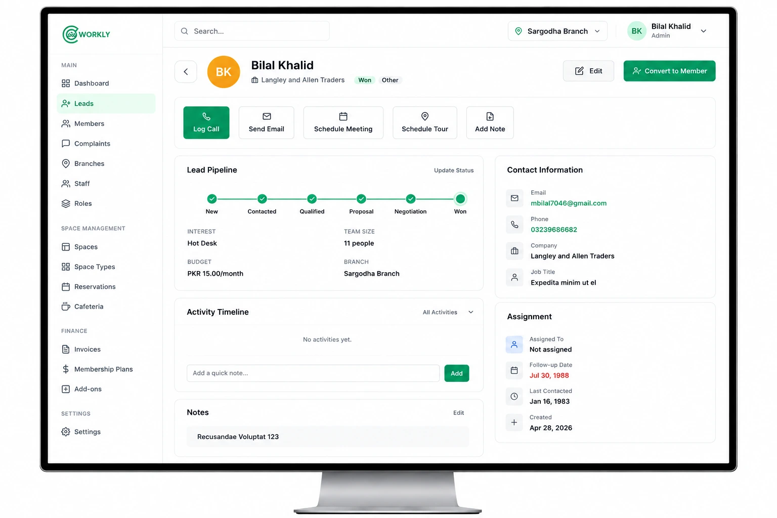 CoWorkly leads dashboard preview