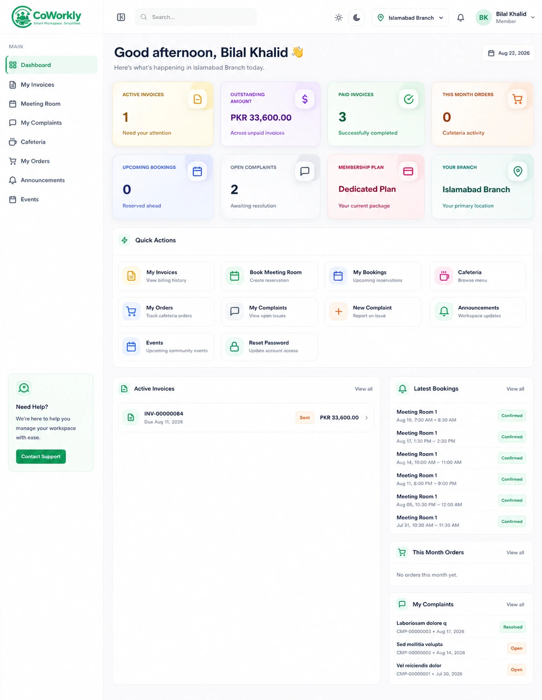 CoWorkly member portal dashboard